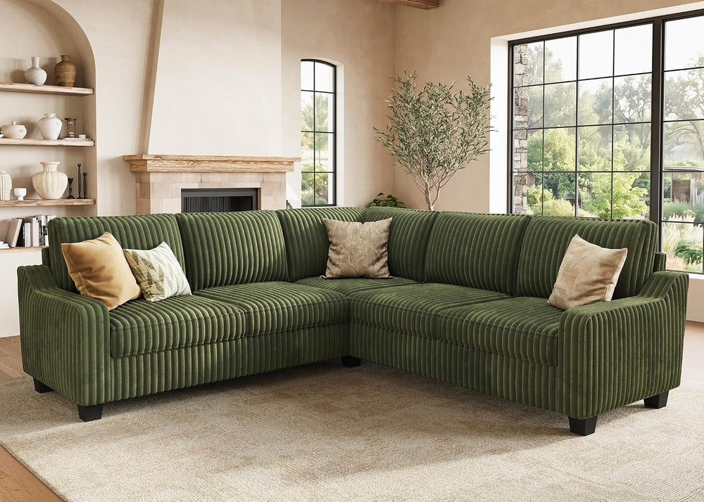 HONBAY Corduroy Convertible Sectional Sofa L Shaped Corner Couch,Green | Comp...