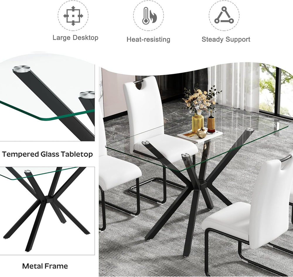 5 Pieces Modern Luxury Glass Dining Set, Minimalist Rectangle Dinner Room Set...