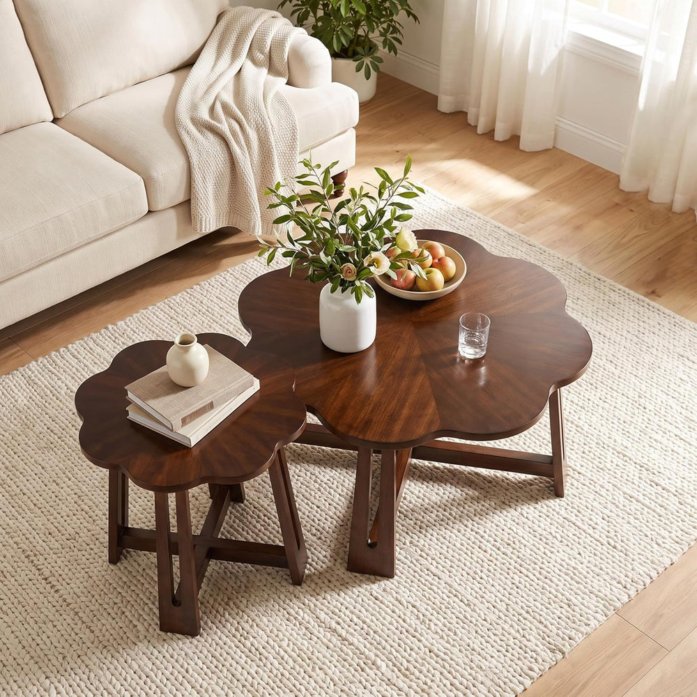 Retro Walnut Wooden Petal-Shaped Nesting Coffee Table Set of 2 | large coffee...