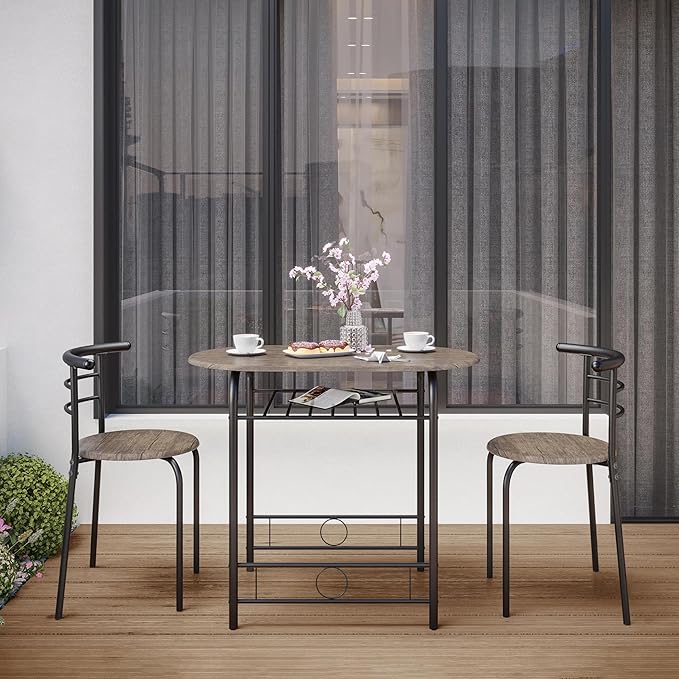 Yaheetech 3 Piece Dining Table Set, Kitchen Table & Chair Sets for 2, Compact Bistro Table Set with Steel Legs, Built-in Wine Rack for Small Space, Apartment, Breakfast Nook, Drift Brown