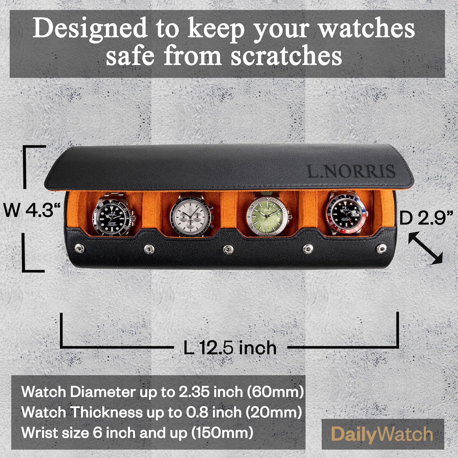 DailyWatch | Personalized Watch Roll Travel Case For 4 Watches - Handmade Genuine Leather Travel Case With Custom Engraving of Name or Initials - Black Orange