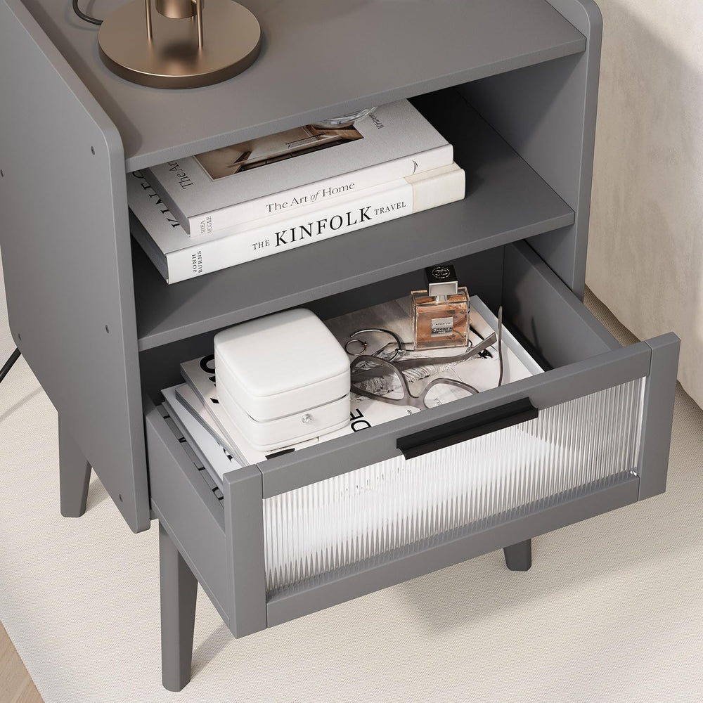 MMEOLUOOK Nightstand with Charging Station, Bedside Tables Set of 2, End Tabl...