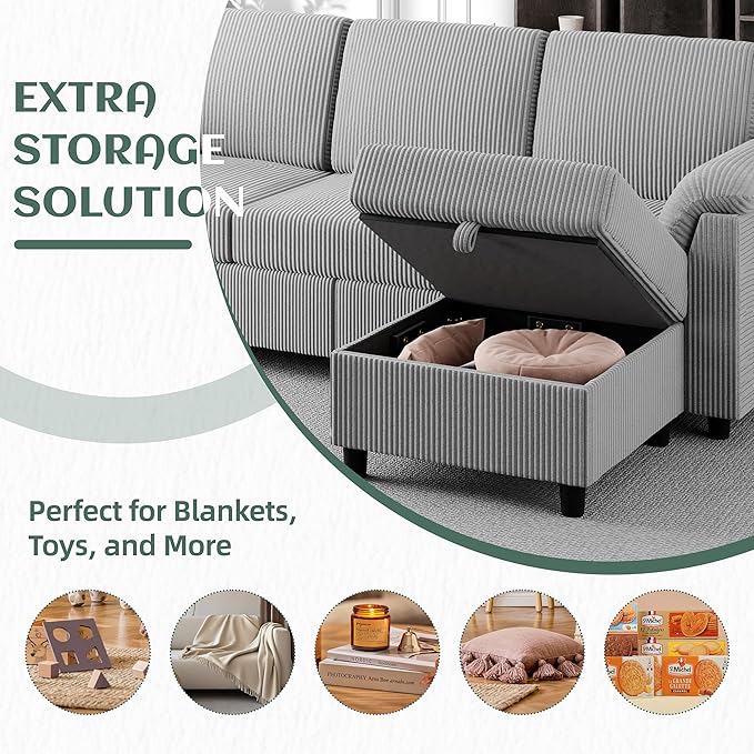Vongrasig Convertible Sectional Couches Sofa, 3 Seat L Shaped Sofa with Removable Pillows Soft Corduroy Fabric Small Couch Mid Century for Living Room, Bed Room, Apartment and Office (Light Grey)