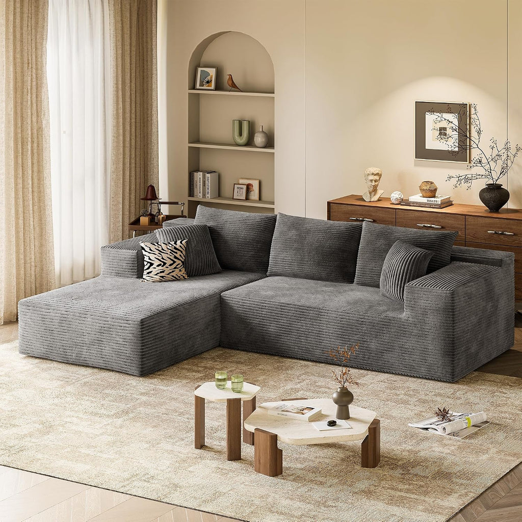 108” Cloud Sectional Couches, Boneless Couch Modular L-Shaped Sofa with Deep Seat, Modern Comfort Upholstered Sofas for Living Room, No Assembly Required (Corduroy, Grey)