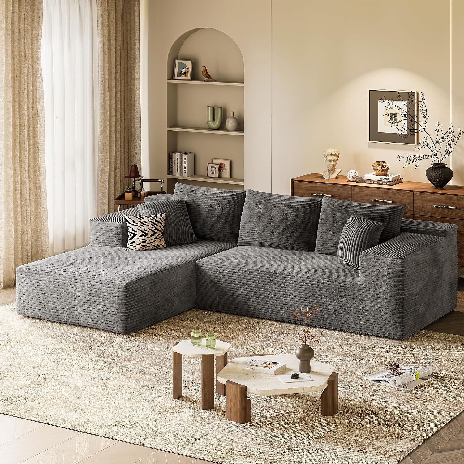 108” Cloud Sectional Couches, Boneless Couch Modular L-Shaped Sofa with Deep Seat, Modern Comfort Upholstered Sofas for Living Room, No Assembly Required (Corduroy, Grey)
