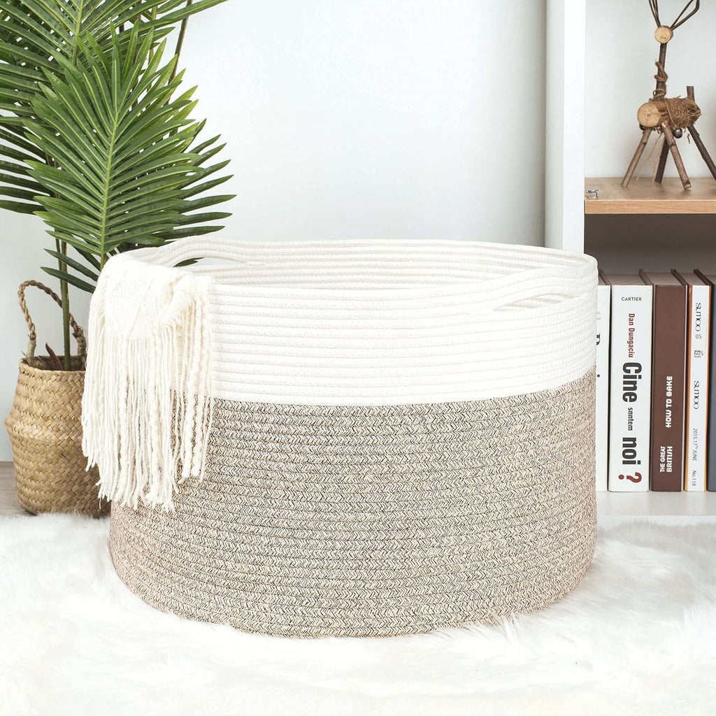 MINTWOOD Design Extra Large 22 x14 Inches Decorative Woven Cotton Rope Blanket Storage Basket Bin Living Room and Laundry Hamper for Pillows, Pool Towels, Dog Toys, Shoes, Light Brown