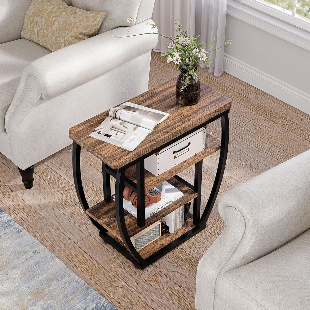 4-Tier End Table with Storage, Narrow Side Table for Living Room, Wood Sofa S...