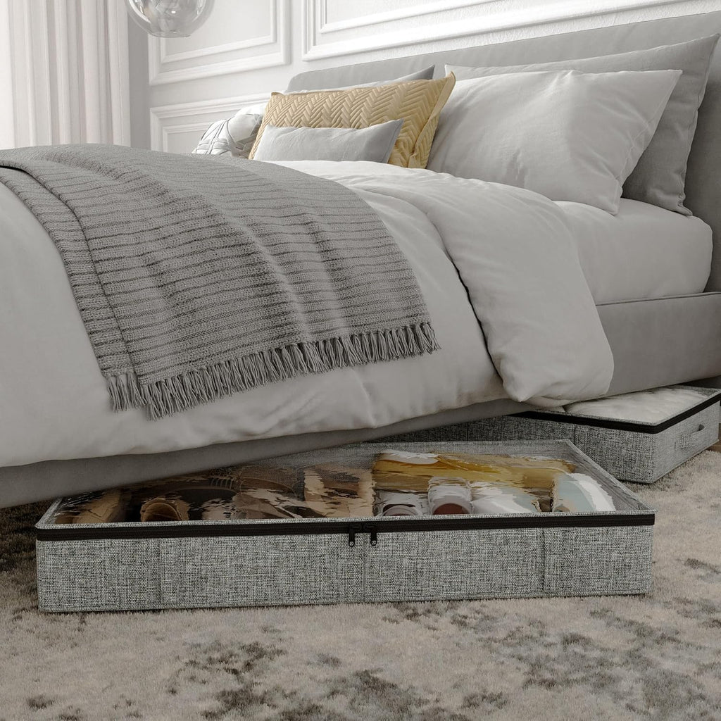 Gray Low Profile Under Bed Storage Containers 5 inches high, 33.8"x 17.7"x 5.1", Sturdy Underbed Shoe Storage Organizer, Foldable Fabric Under the Bed Storage Bins - Pack of 2