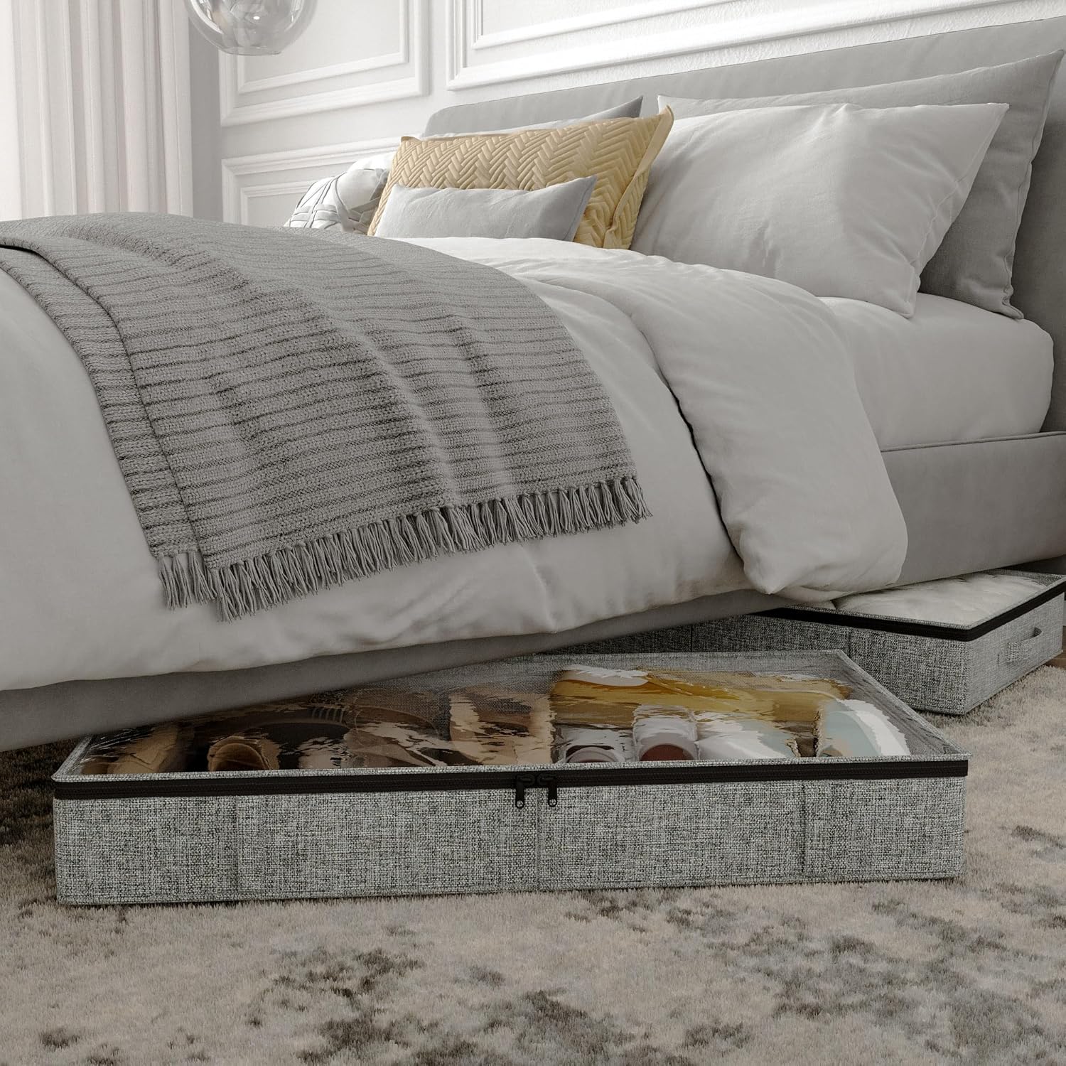 Gray Low Profile Under Bed Storage Containers 5 inches high, 33.8"x 17.7"x 5.1", Sturdy Underbed Shoe Storage Organizer, Foldable Fabric Under the Bed Storage Bins - Pack of 2