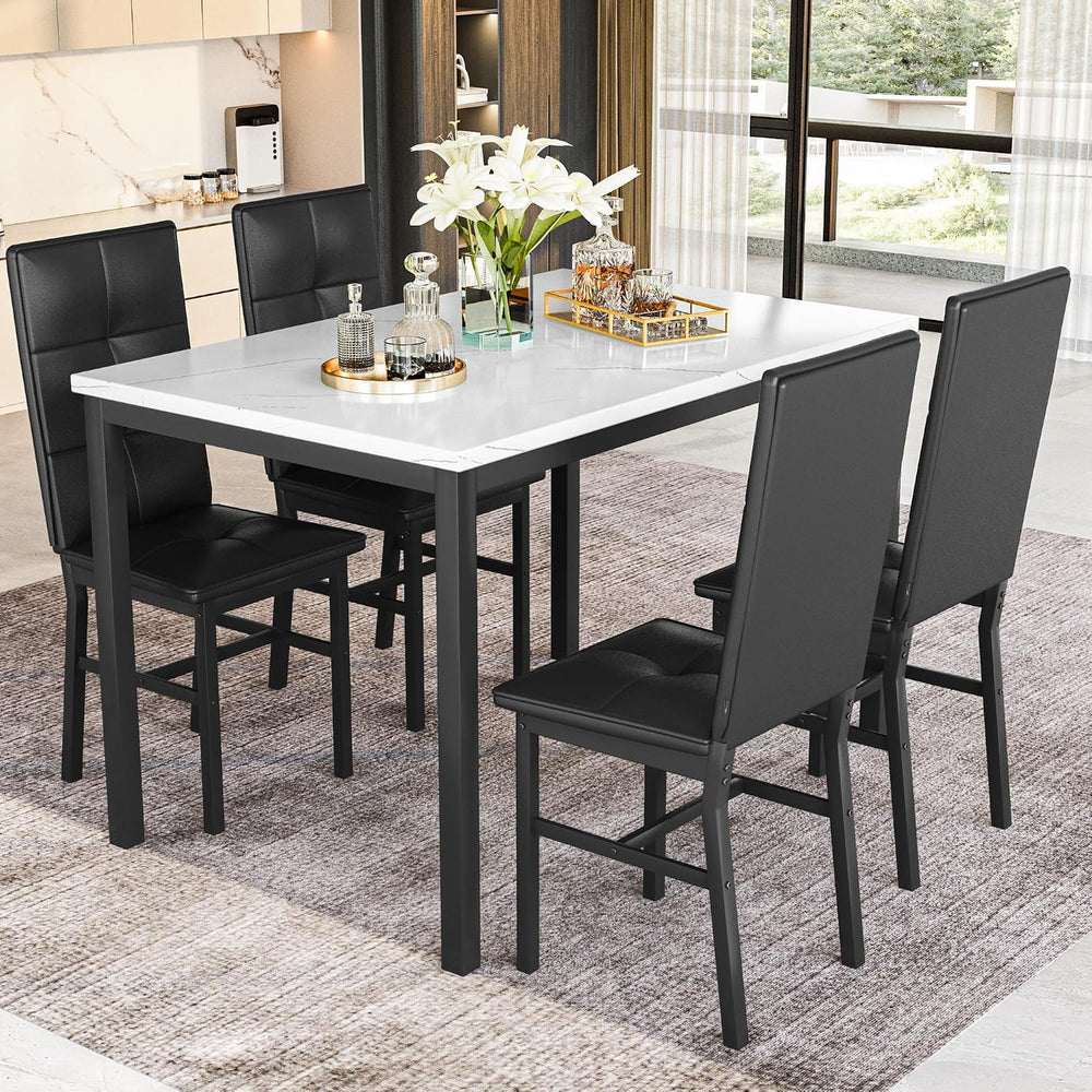 Hooseng Dining Table Set for 4, Faux Marble Small Kitchen Table with 4 PU Lea...
