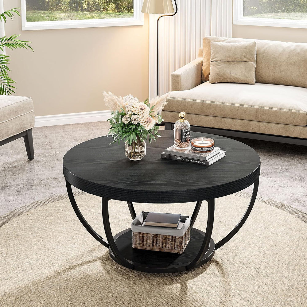 Tribesigns Round Coffee Table with Storage, 31.7" Black Living Room Table