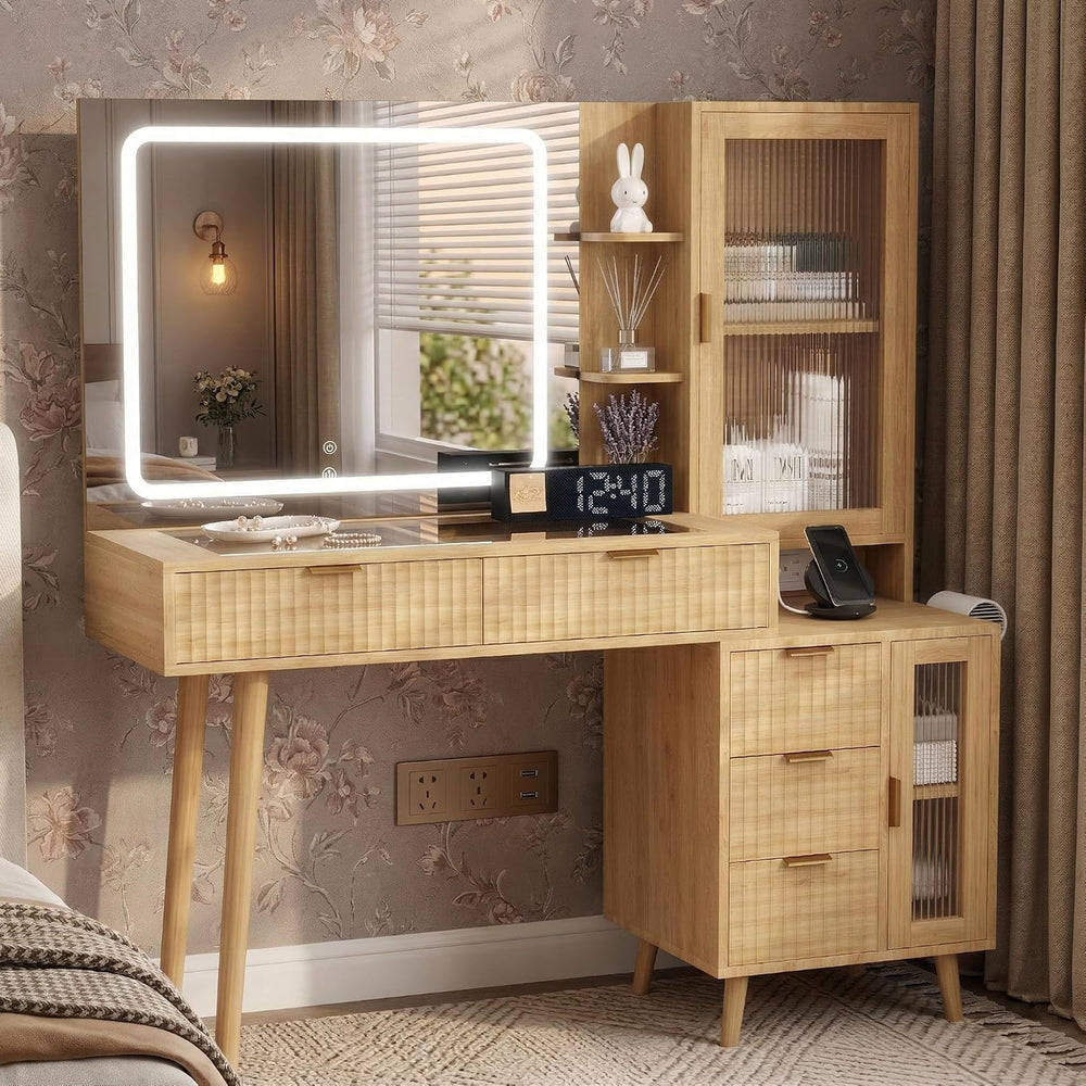 49" Wooden Vanity Desk with Mirror and Lights, Fluted Boho Makeup Vanity...