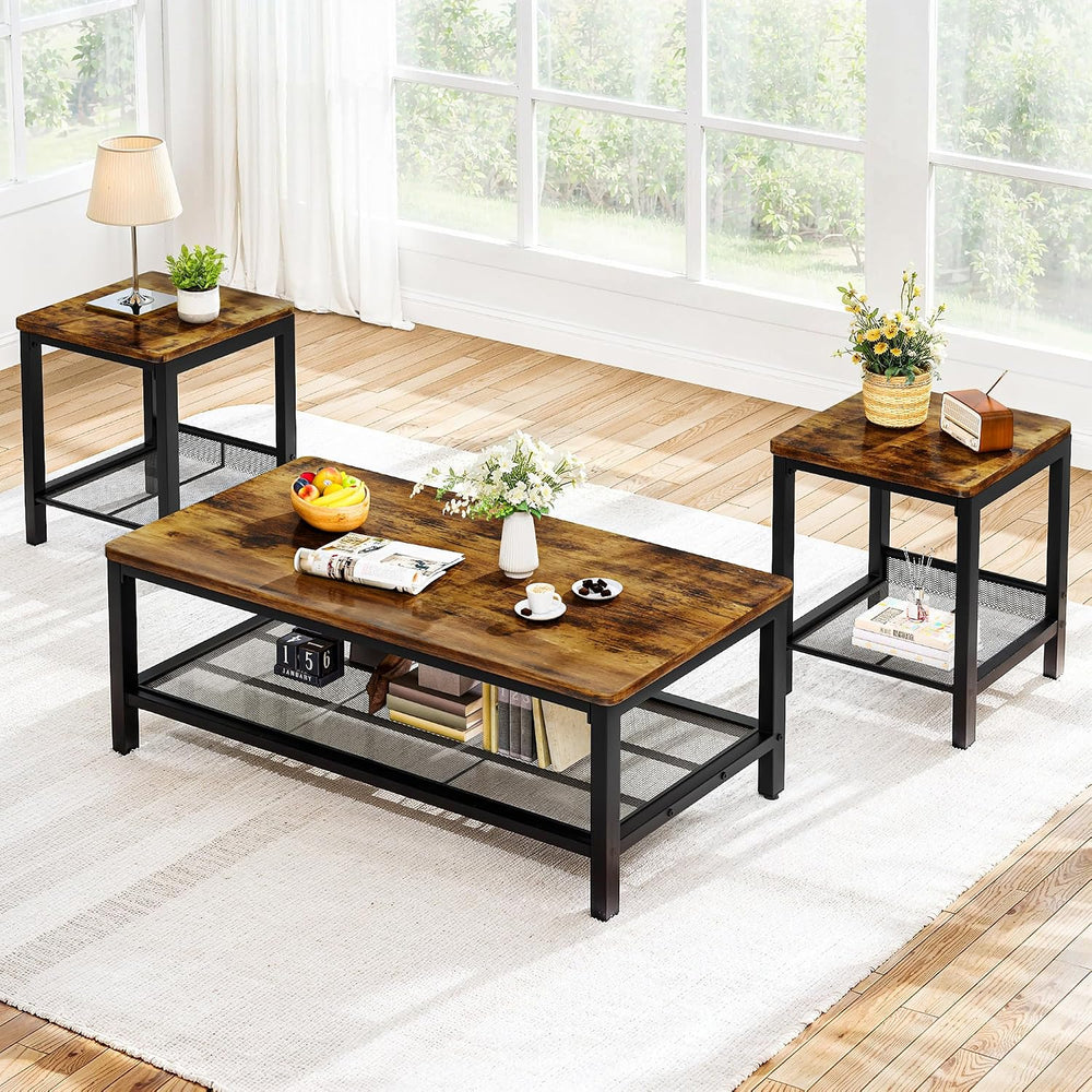 Recaceik 3-Piece Living Room Coffee Table Set, Industrial Coffee Table with 2...