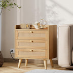 Rattan Night Stand with Charging Station, End Tables with 3 Drawer Dresser, Boho Bedside Table, Mid Century Modern Nightstand, RuralCabinet for Farmhouse Bedroom Living Room Sofa Couch Office Corner