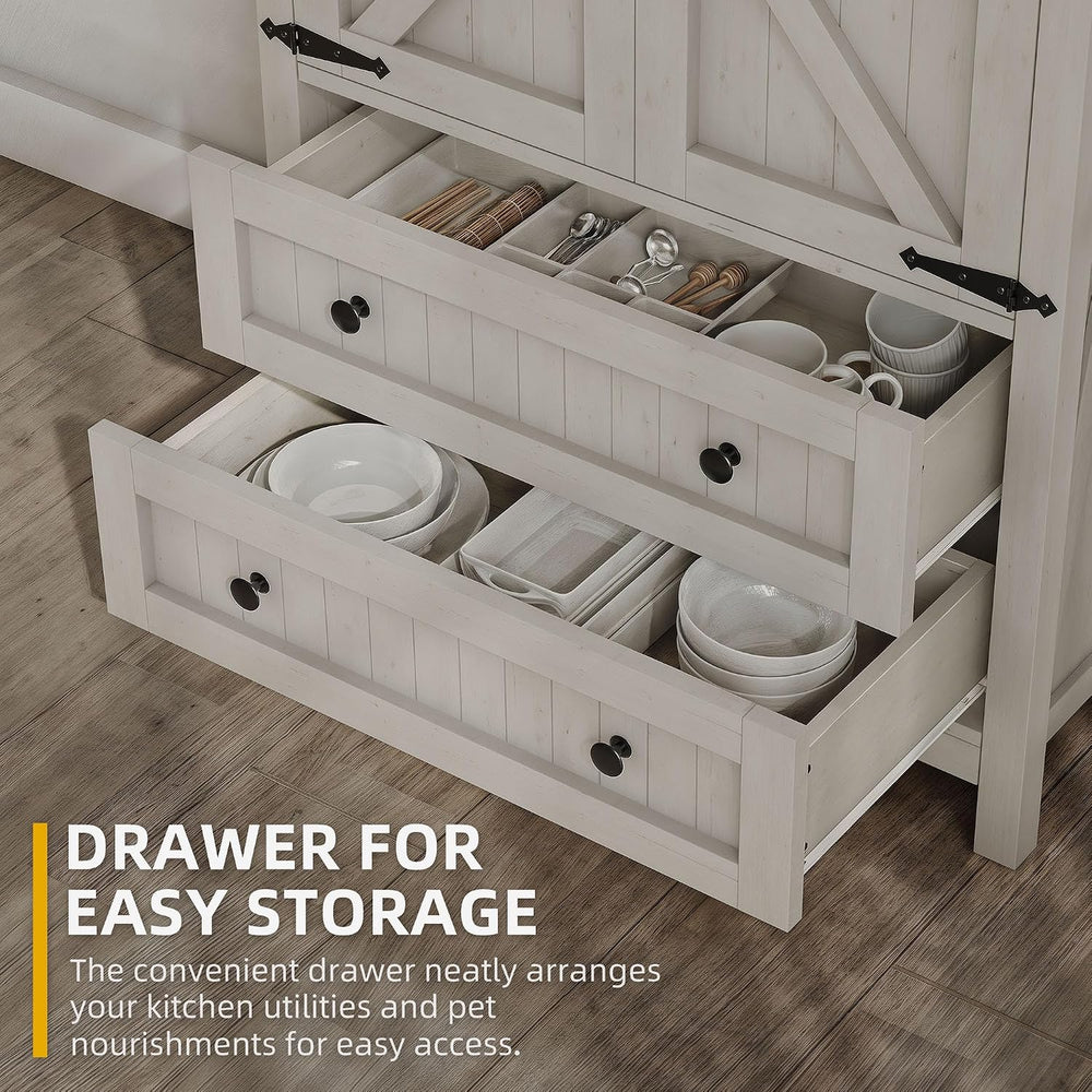 DWVO 64.5" Pantry Cabinet with Barn Doors, 2 Drawers & Shelves, Off ...