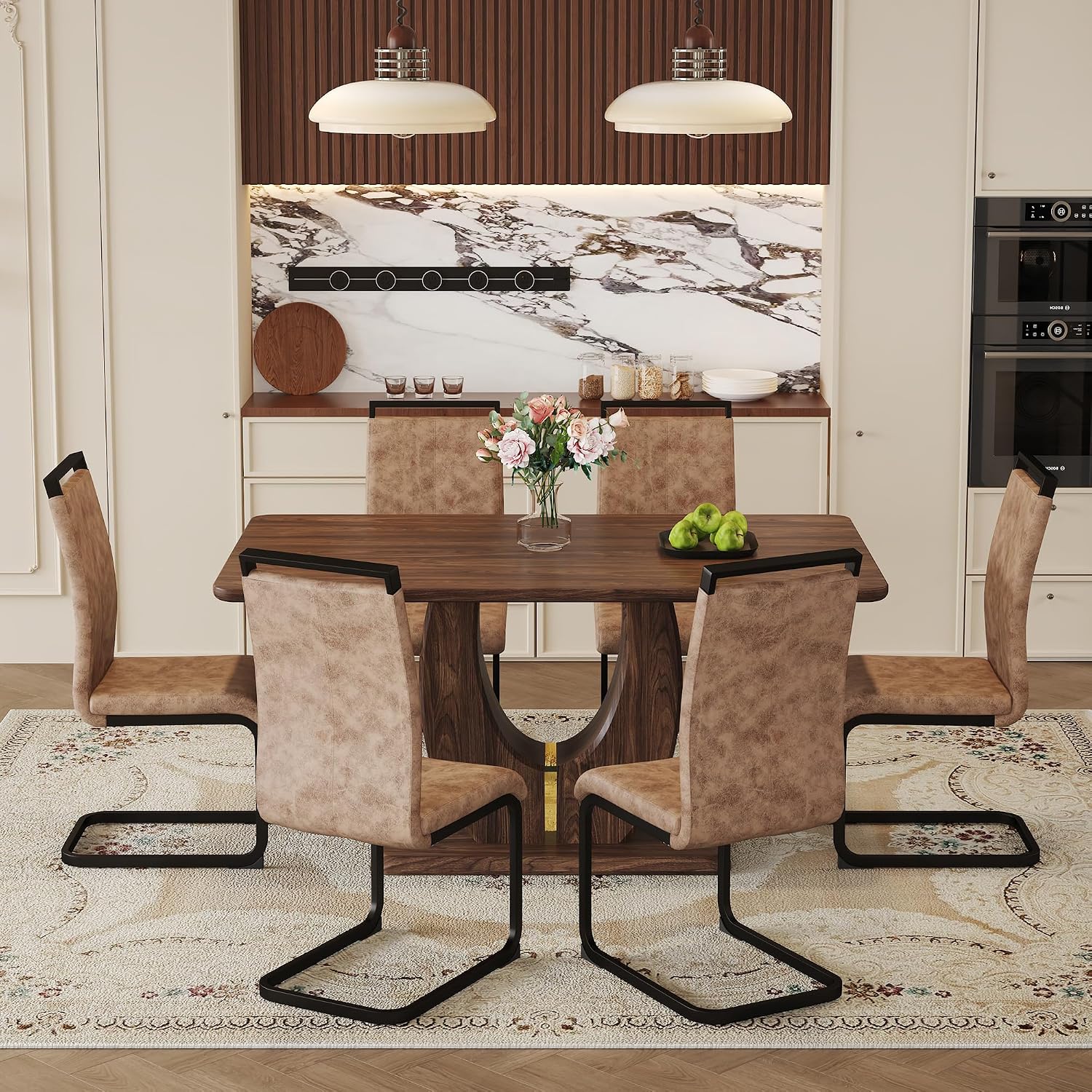 JUFU Dining Table Set for 6, 63 Inch Rectangular Kitchen Table and 6 PU Upholstered Chairs, Walnut Wood Grain MDF Tabletop, U-Shaped Pedestal Base, Modern Dining Room Set for Kitchen, Apartment