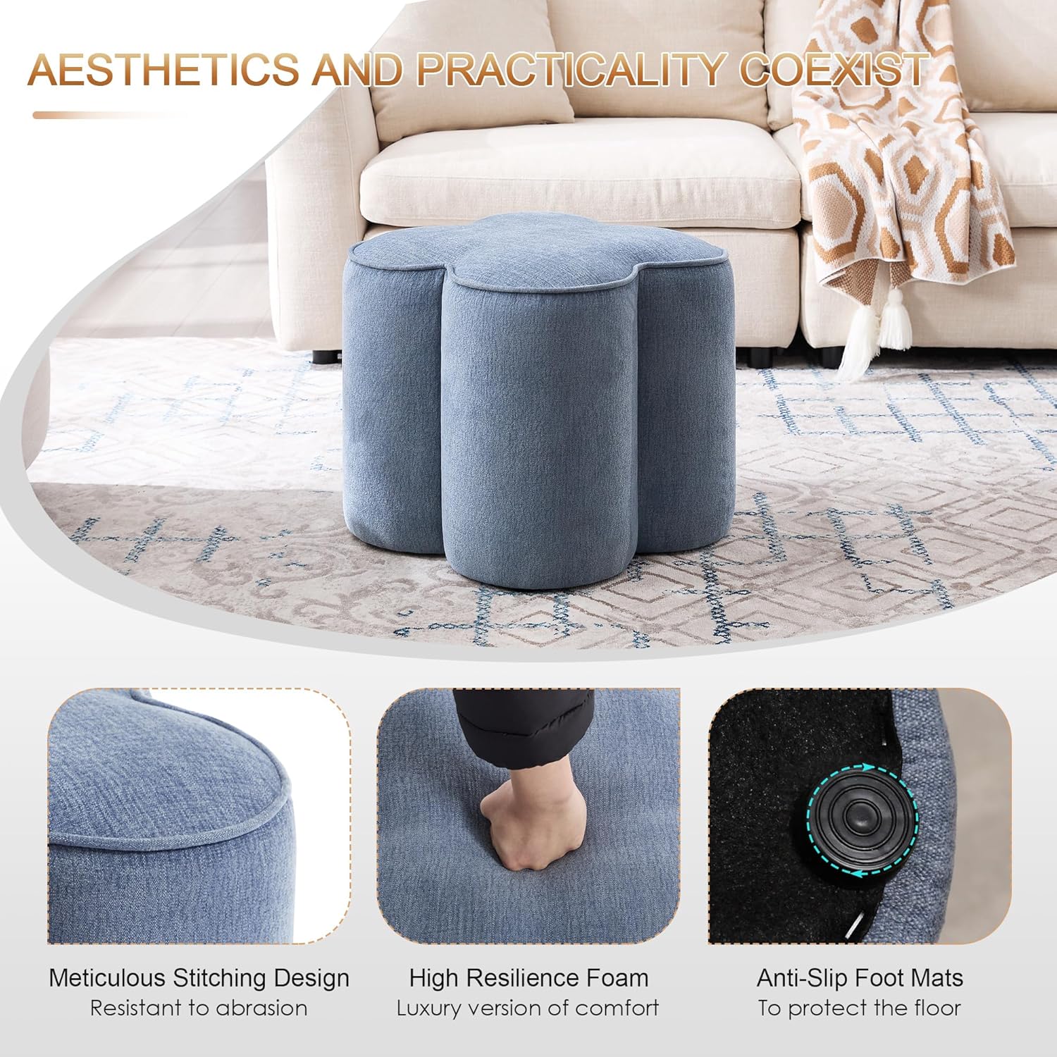Zesthouse Flower Pouf Ottoman Foot Rest, Linen Fabric Poofy Ottoman Footstool for Couch Sofa, Modern Living Room Stool Seat for Under Entry Table, Cute Square Vanity Stool for Bedroom Dorm, Blue