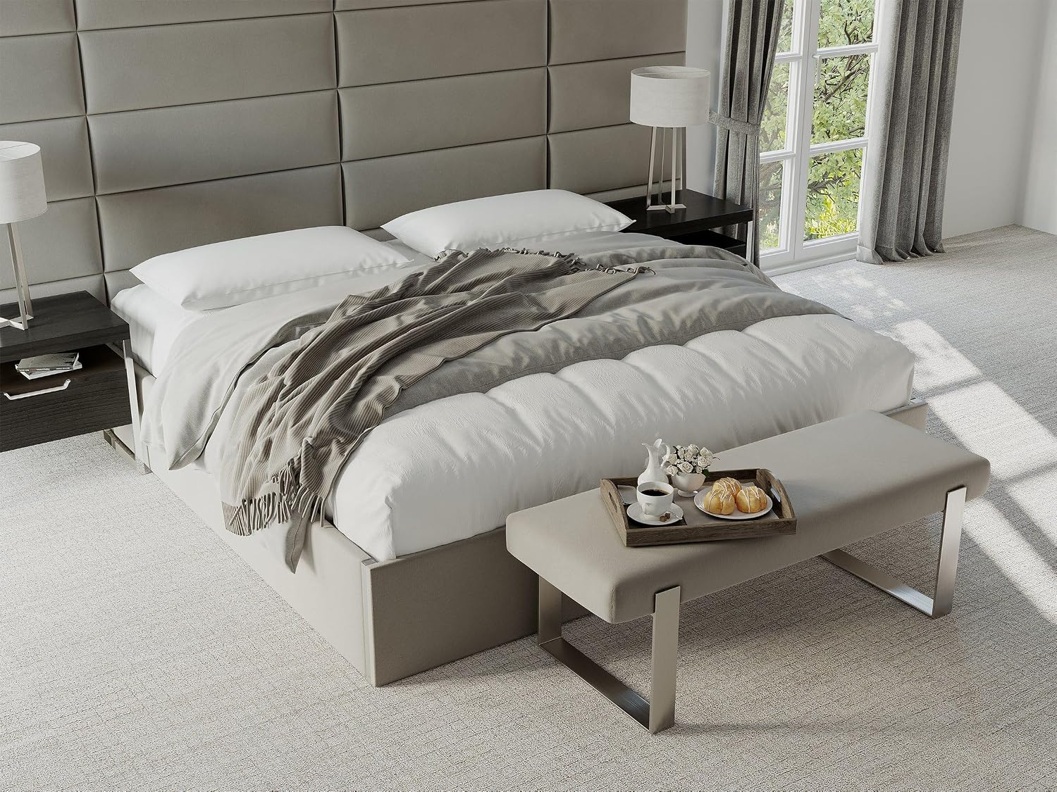 VANT Upholstered Bed Bench, Boucle Grey, Matte Black