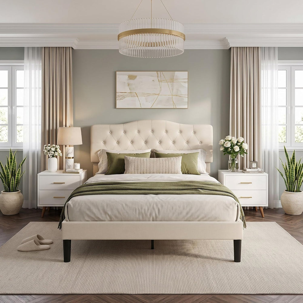VECELO Queen Size Platform Bed Frame with Fabric Upholstered Headboard and Wo...