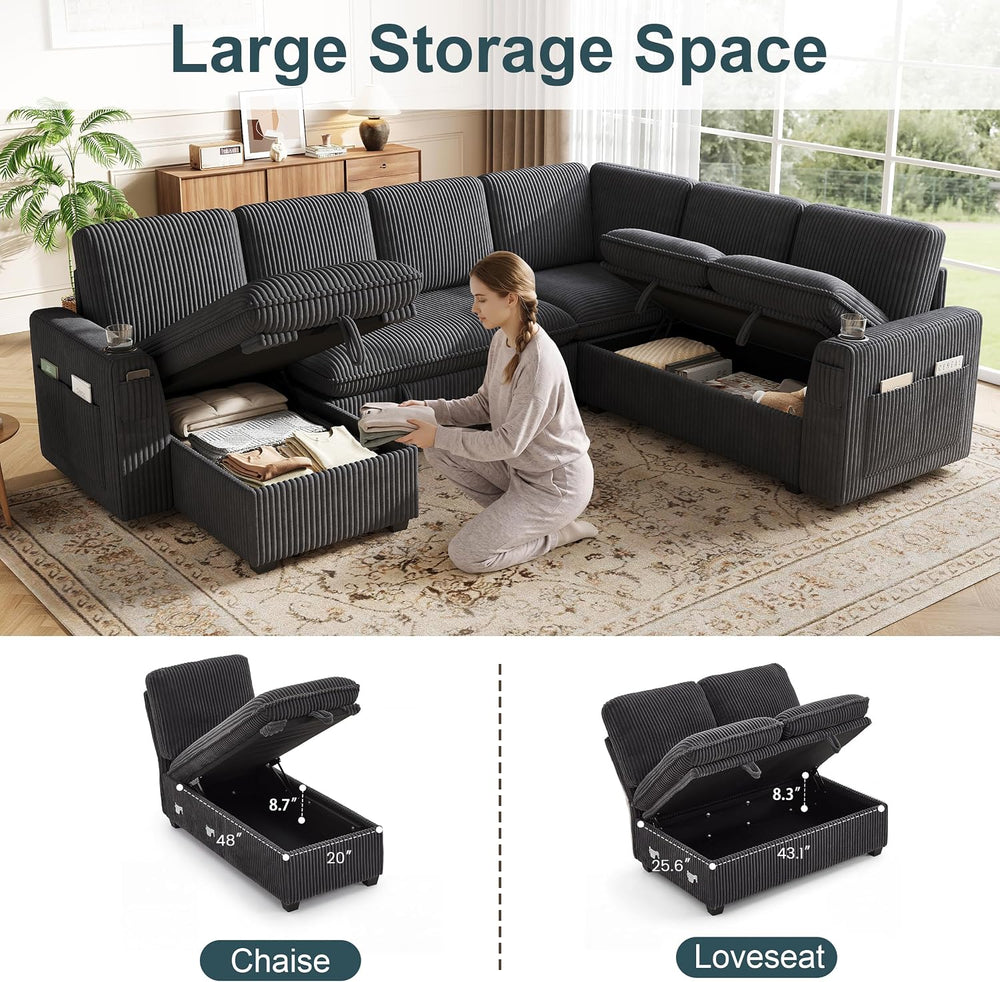 Sectional Sleeper Sofa with Pull Out Bed, Plush Corduroy 7 Seat Modular Secti...