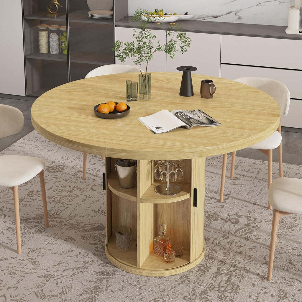 35.5'' Round Pedestal Dining Table, 2-4 Modern Fluted Dining Room Kitchen Table with Storage Shelf, Wood Base Dinner Tables for Kitchen, Breakfast Nook, Small Space, Living Room(Natural)