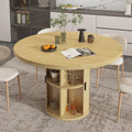 35.5'' Round Pedestal Dining Table, 2-4 Modern Fluted Dining Room Kitchen Table with Storage Shelf, Wood Base Dinner Tables for Kitchen, Breakfast Nook, Small Space, Living Room(Natural)