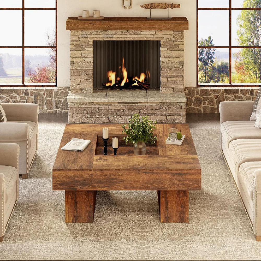 LVB 39"x39" Large Square Rustic Brown Wood Coffee Table for Living ...