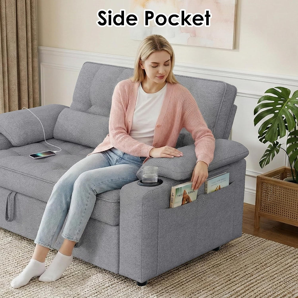 58'' Convertible Sofa Bed with USB Charger and Cup Holders, Teddy Fab...