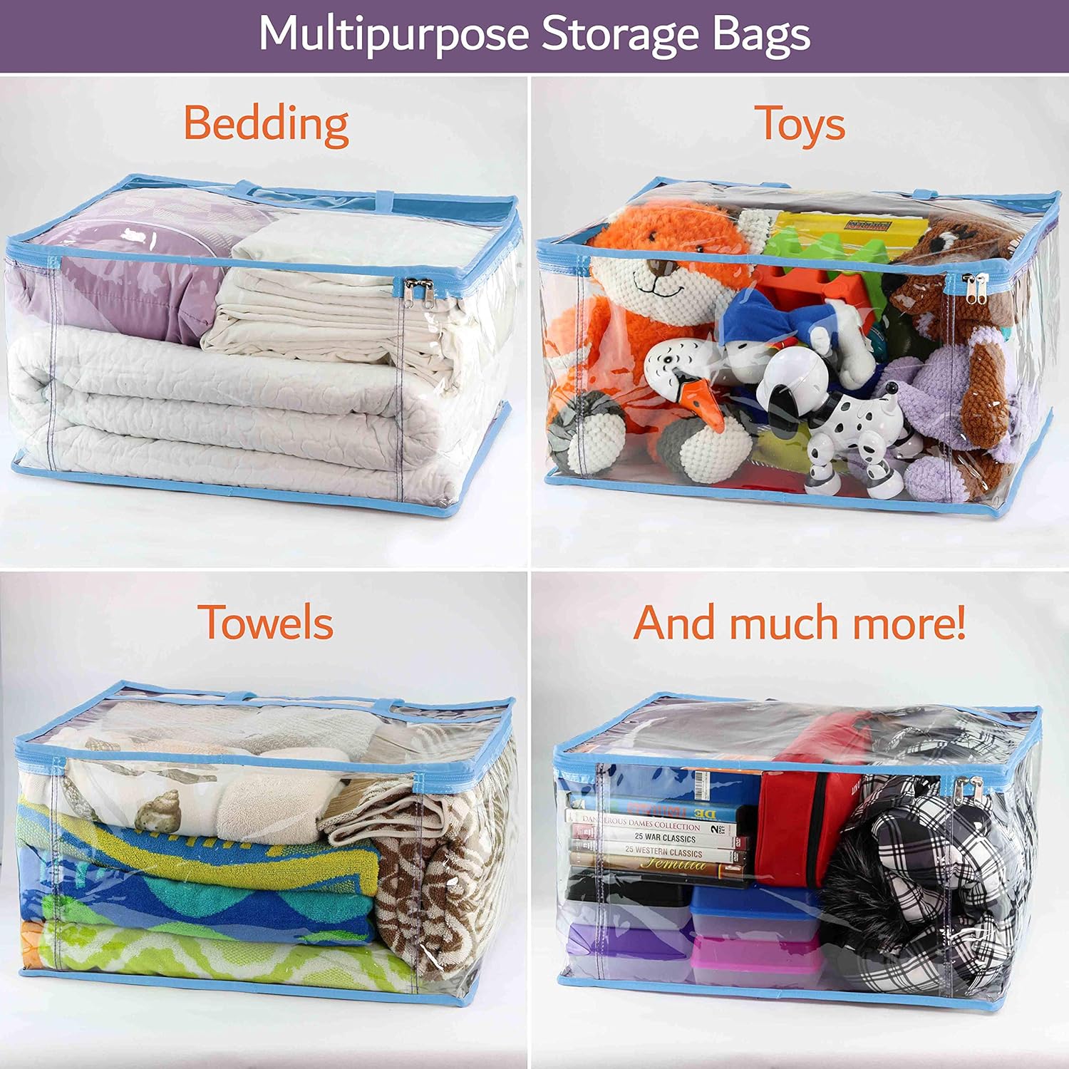 Clear Vinyl Zippered Storage Bags (3-Pack) 40L Sturdy Storage Bags for Sweaters, Blankets, Comforters, Bedding Sets and Much More! (Light Blue, 18x15x9)