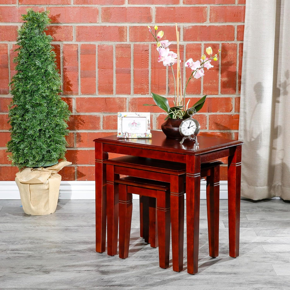 3-Piece Cherry Nesting Table Set with Tapered Legs and Carved Details | Three...