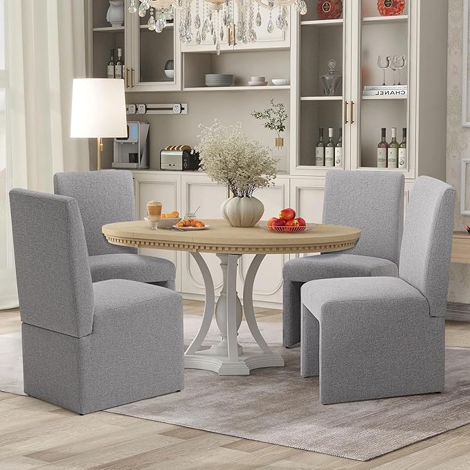 Upholstered Dining Chairs Set of 6 Modern Kitchen & Dining Room Chairs Linen Fabric Dining Chairs with Wooden Frame, Grey