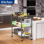 REGILLER 3 Tier Heavy Duty Rolling Utility Cart,18" D x 30" W x 36.6" H Rolling Carts with Wheels,Commercial Grade Metal with Handle Bar & Shelf Liner,Trolley Serving Storage Cart for Kitchen Black