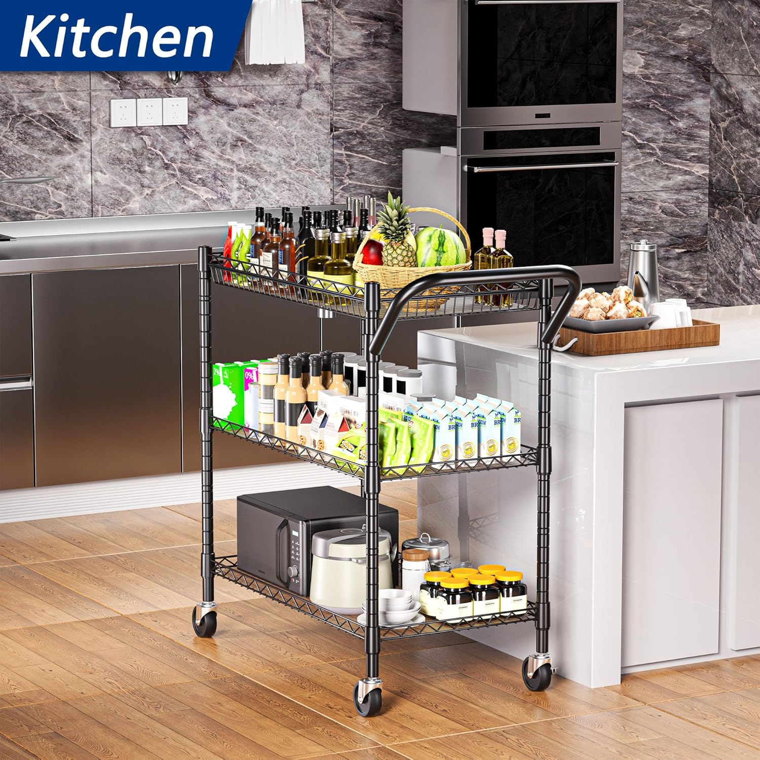 REGILLER 3 Tier Heavy Duty Rolling Utility Cart,18" D x 30" W x 36.6" H Rolling Carts with Wheels,Commercial Grade Metal with Handle Bar & Shelf Liner,Trolley Serving Storage Cart for Kitchen Black