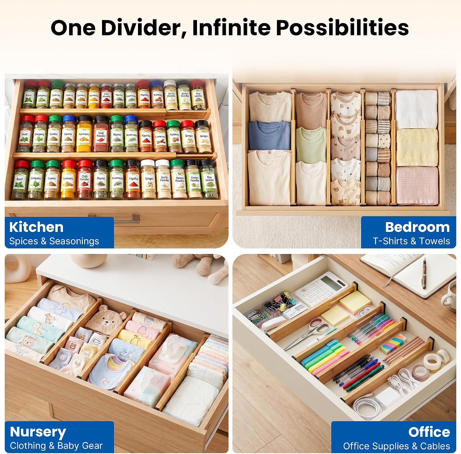 4 Pack 2.36" Bamboo Drawer Dividers, 17-22" Expandable Kitchen Organizers | Adjustable Spring-Loaded Tension Separators with Foam Pad for Clothes, Utensils, Kitchen, Dresser, Nursery & Bathroom