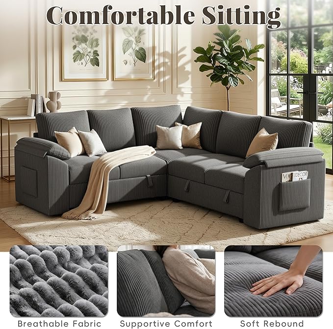 85 Inch Modular Sectional Sofa with Pull Out Couch Bed, L Shaped 5 Seat Sectional Couch with Storage, Corduroy Sectional Couches for Living Room, Cloud Modular Couch, Removable Sofa Cover, Dark Grey