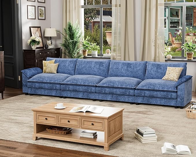 Homall 159" Modular Sectional Sofa, Linear Sofa Couch with Double-Layer Cushion, DIY Combination Chenille Deep 4-Seat Cloud Couch for Living Room, Apartment (Dark Blue, Linear Sofa)