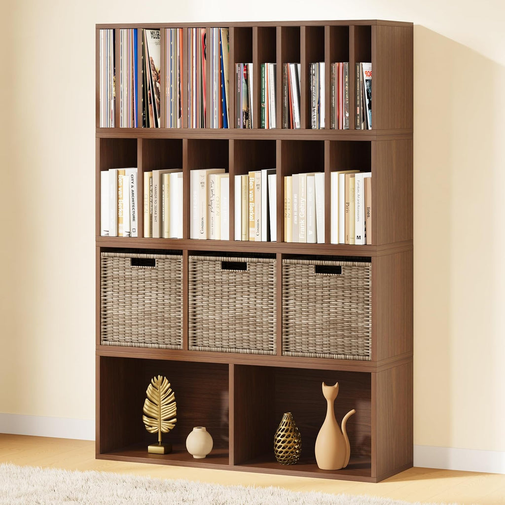 IOTXY DIY Modular Cube Bookcase - CubeXY Customizable Stackable Expandable Combination Set, 23-Cube Open Bookshelf for Books, Fabric Storage Bin, and Vinyl Record Organizer, Walnut