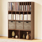 IOTXY DIY Modular Cube Bookcase - CubeXY Customizable Stackable Expandable Combination Set, 23-Cube Open Bookshelf for Books, Fabric Storage Bin, and Vinyl Record Organizer, Walnut