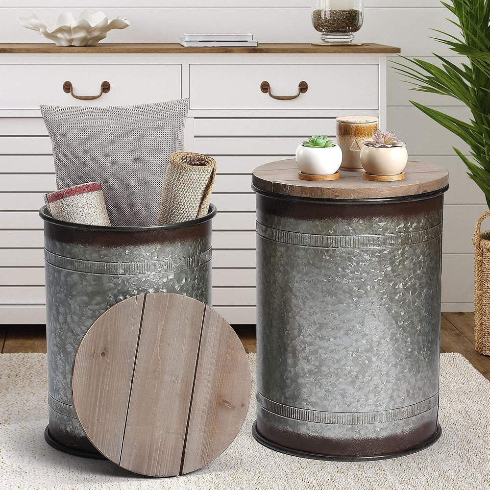Rustic Storage Ottoman Seat Stool, Farmhouse Accent Side Table, Antique Galva...