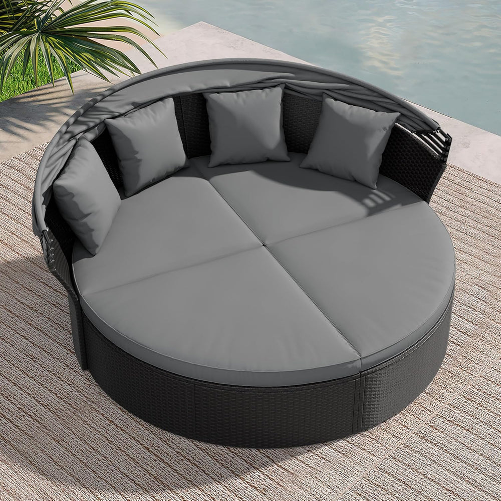 Crownland Round Patio Daybed with Retractable Canopy, Clamshell Wicker Sectio...