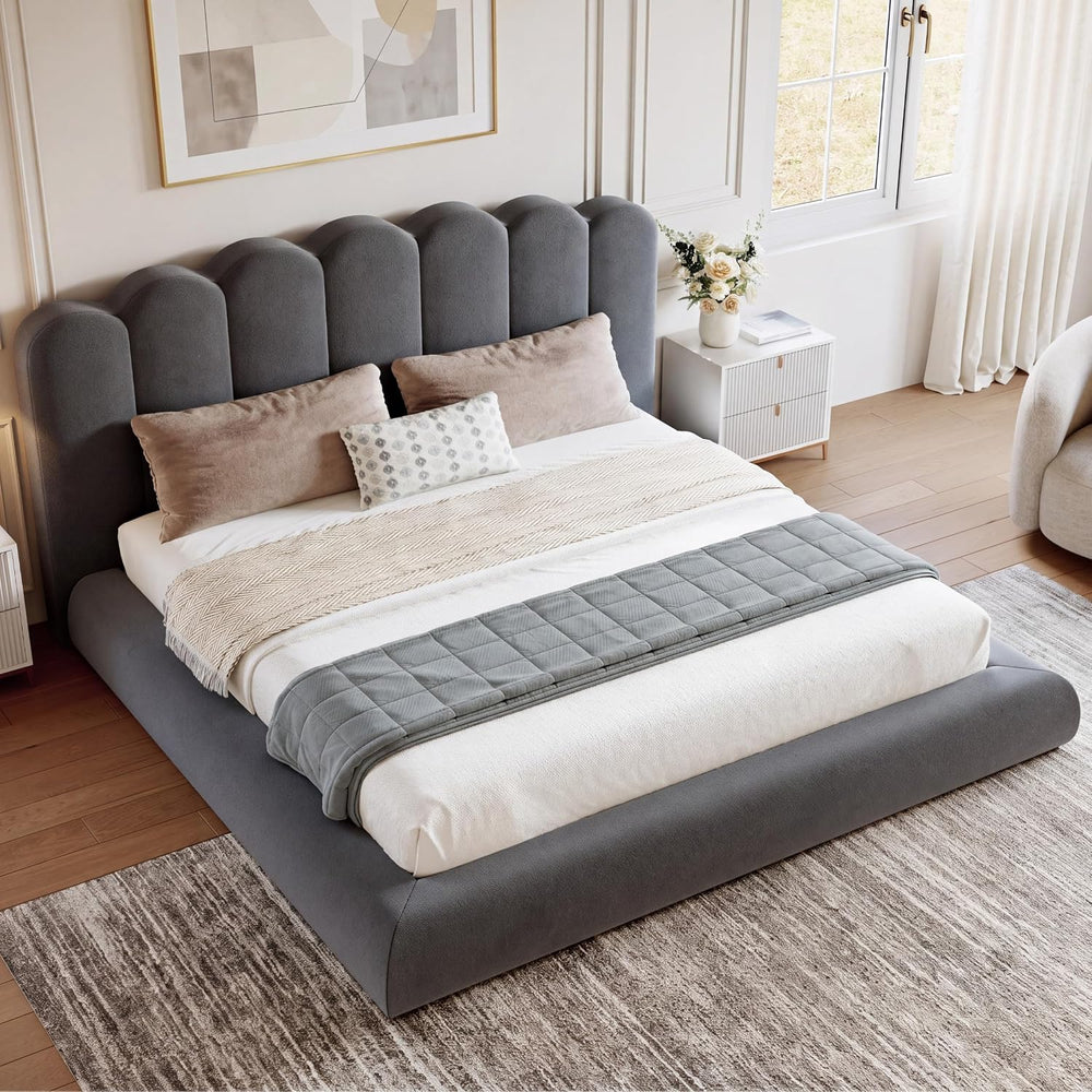 King Size Cloud Bed Frame with Headboard, Upholstered Platform Bed with Velve...