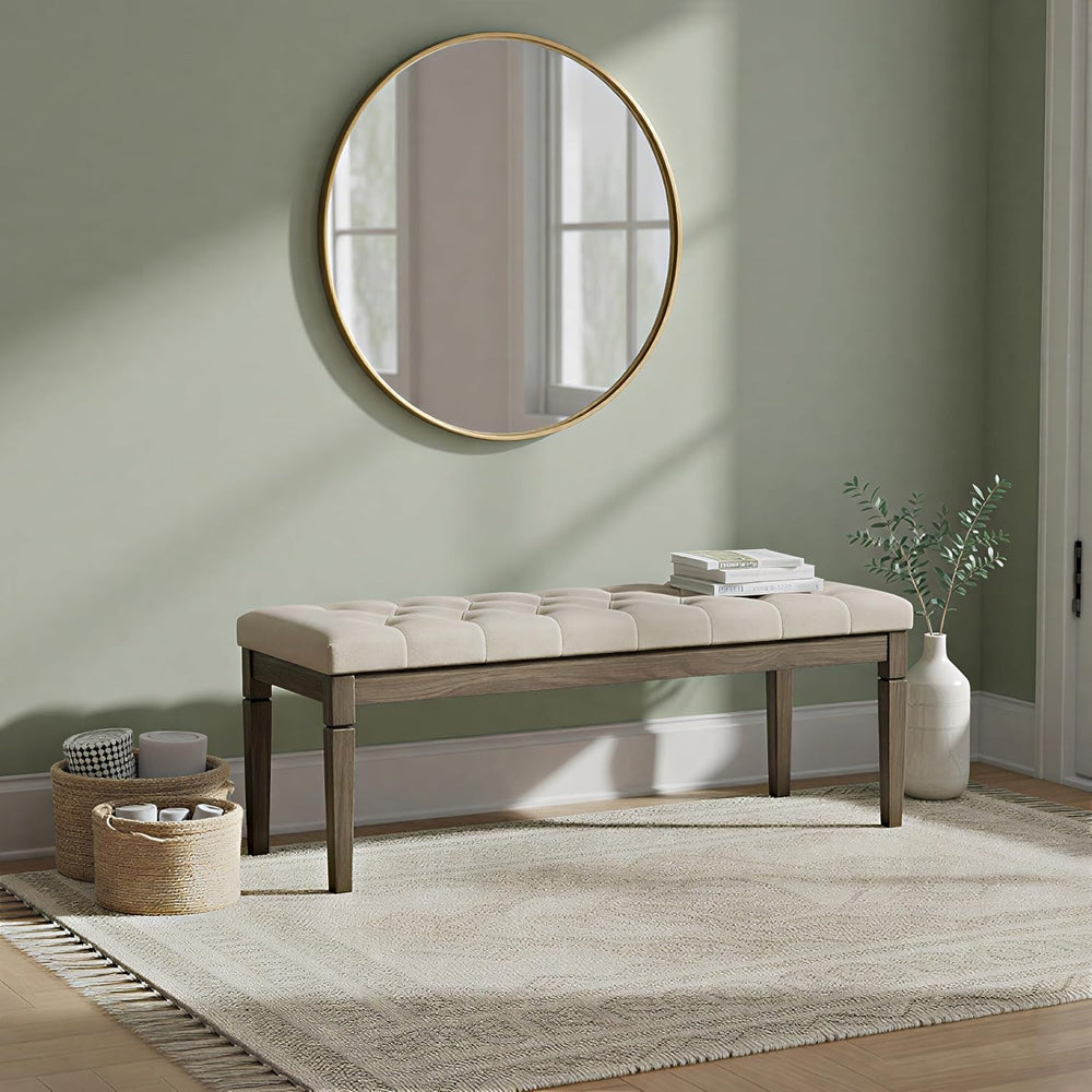 SIMPLIHOME Waverly Tufted Ottoman Bench - 48 inch Wide Upholstered Linen Look...