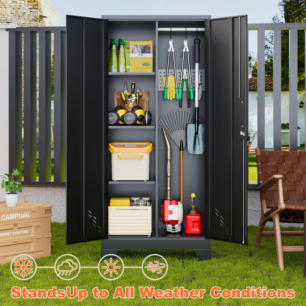 Storage Cabinet 61" H, Metal Outdoor Sheds with Shelves for Tools Storage, Cleaning Supplies Closet with Removable Pegboard for Outdoor, Garage, Utility Room