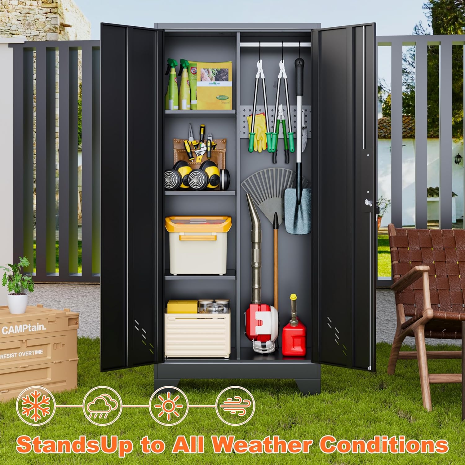 Storage Cabinet 61" H, Metal Outdoor Sheds with Shelves for Tools Storage, Cleaning Supplies Closet with Removable Pegboard for Outdoor, Garage, Utility Room