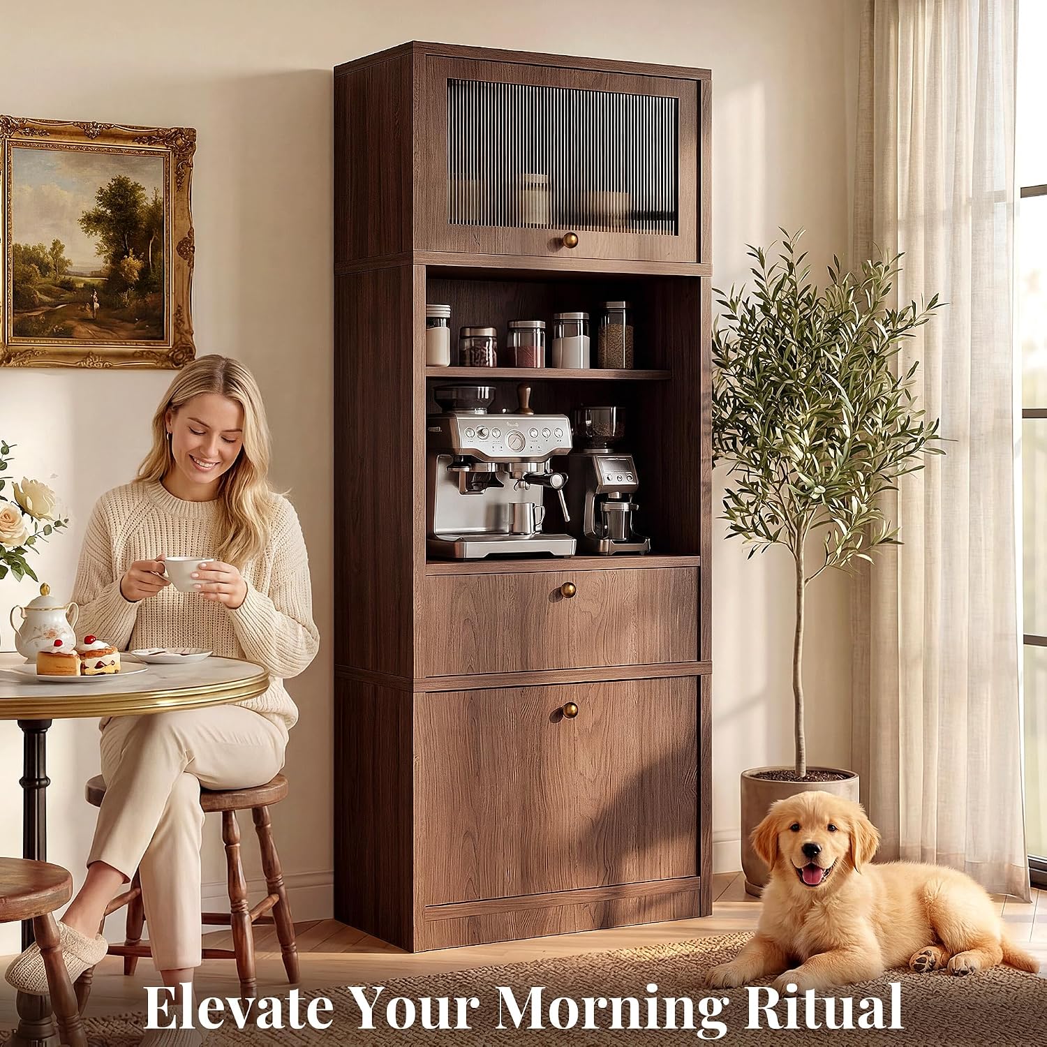 71" Tall Kitchen Pantry Cabinet with Fluted Door & Drawers, Walnut | Adjustable Shelves, Anti-tip Device, Freestanding, Spacious Kitchen, Bathroom Storage, Living Room, Modern Farmhouse Style