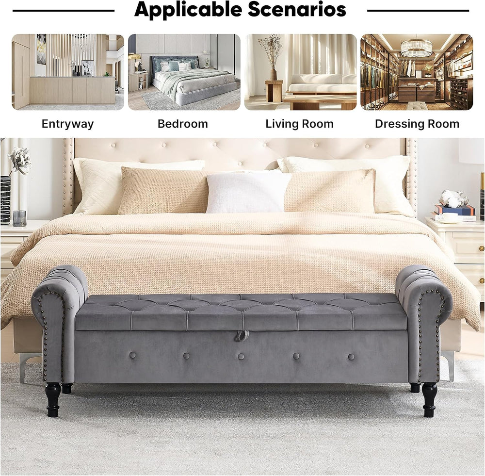 Storage Bench 67" Velvet End of Bed Benches Dark Grey | King Size Storag...