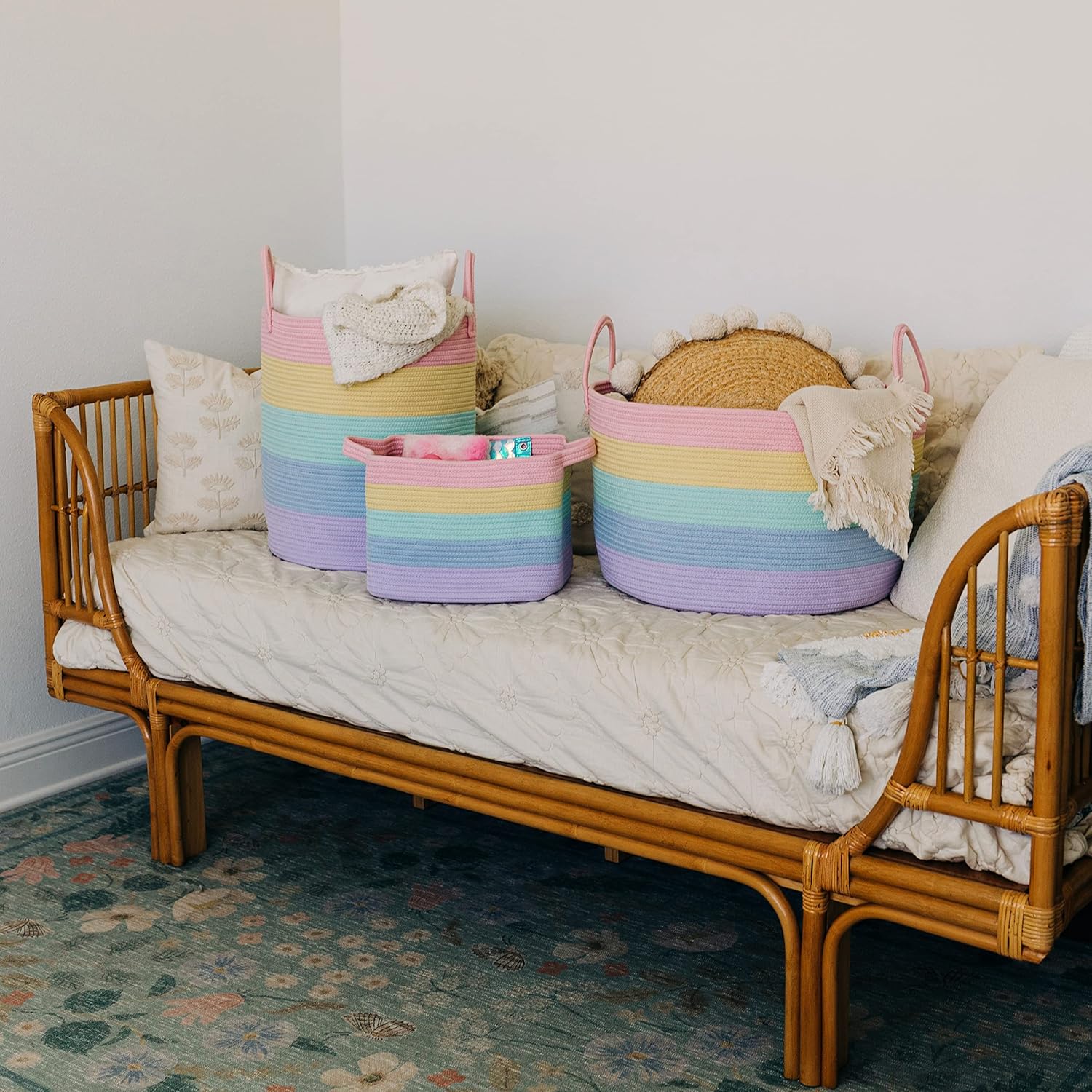 OrganiHaus Rainbow Toy Basket & Blanket Storage Bin, Nursery 20x13" | Rainbow Pastel - Round Rainbow Cotton Rope Basket, Nursery 20x13"