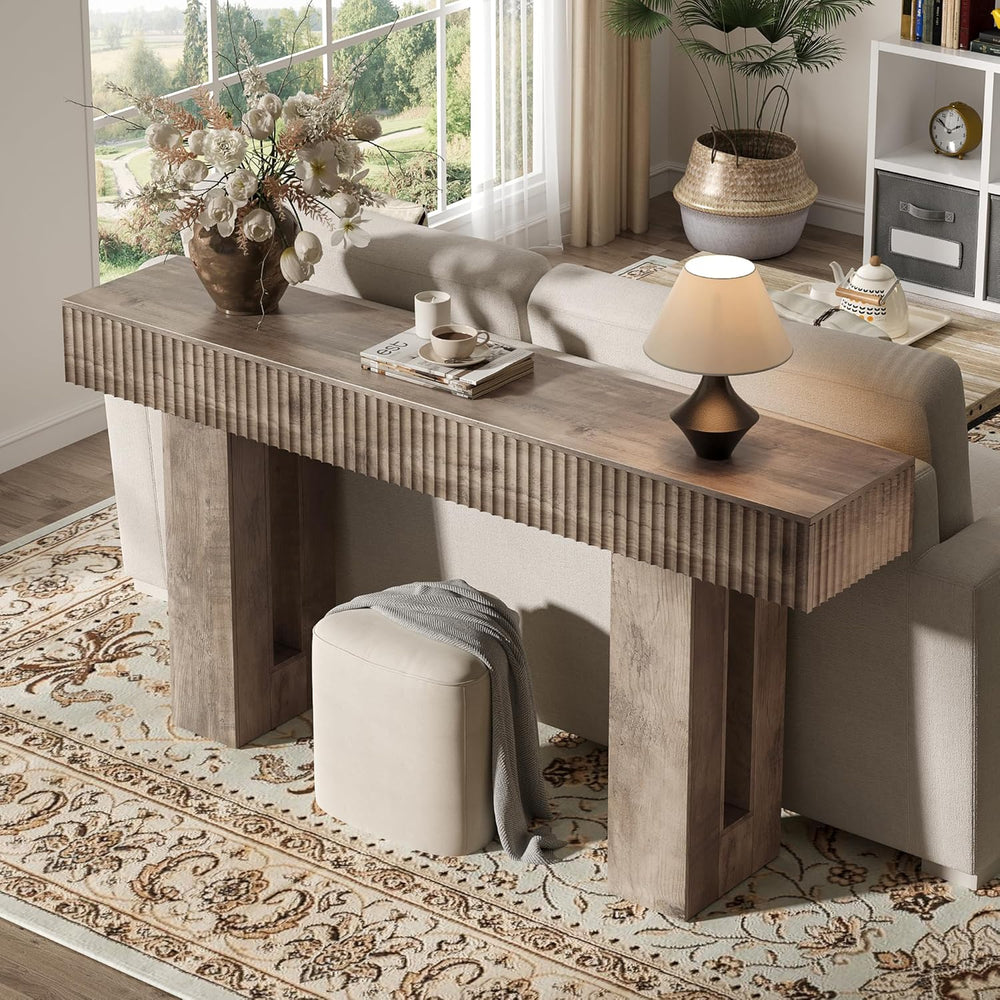 63-Inch Long Entryway Console Table with a Fluted Design, Thick Wood Farmhous...