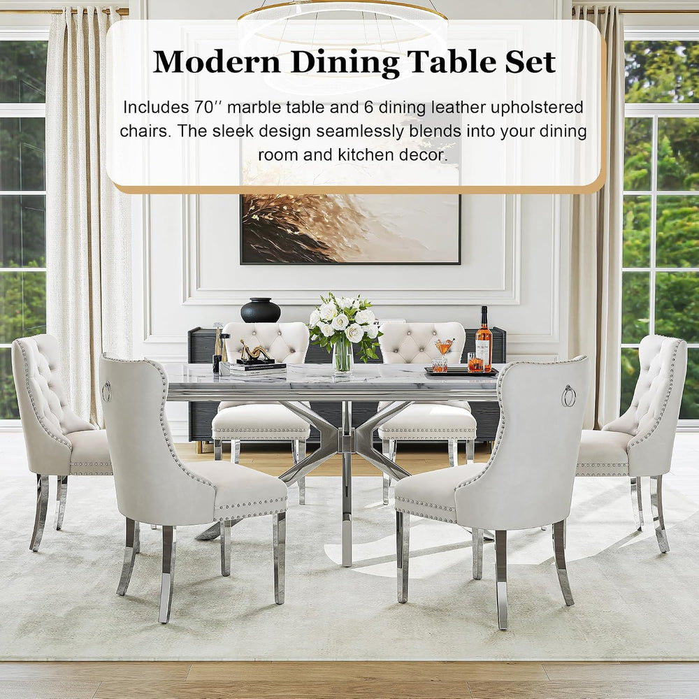 7 Piece Kitchen & Dining Room Set, Luxurious 70" White Large Marble ...
