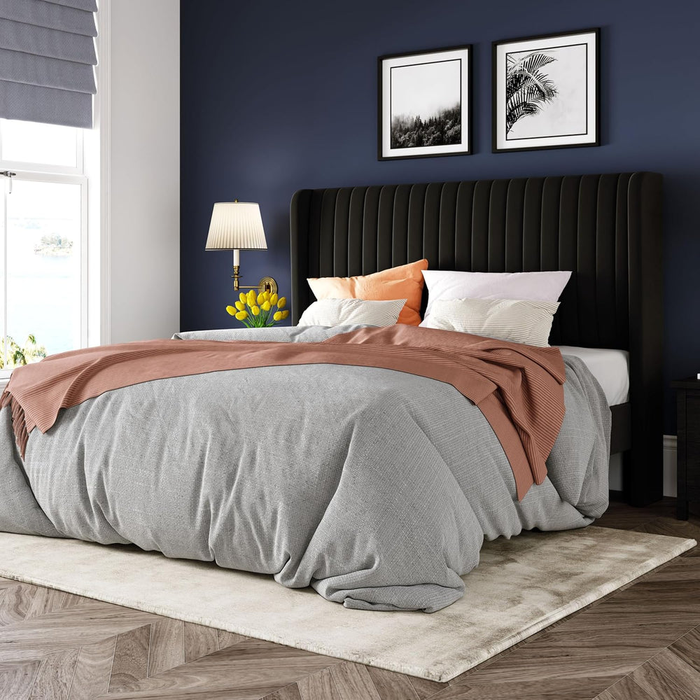 Allewie Queen Size Velvet Bed Frame/Vertical Channel Tufted Wingback Headboar...